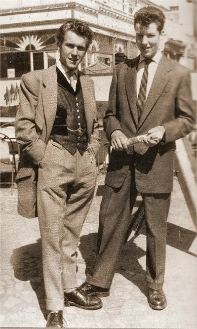 Two smart Teddy Boys pictured in Worthing, Sussex with the Ted on the left wearing a brocade waistcoat with velvet trim.